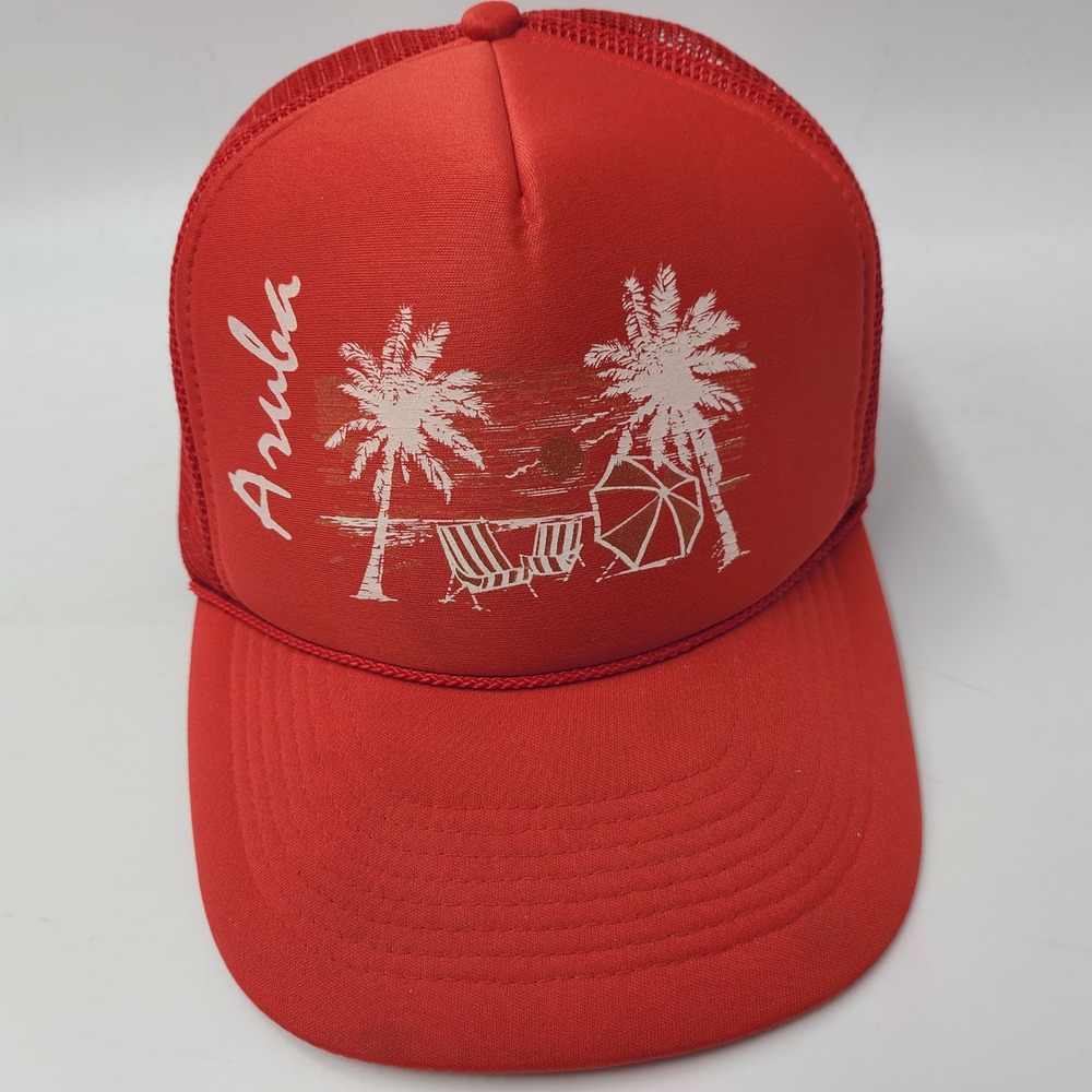 Vintage Aruba Hat Snapback Trucker Mesh Nissin Red‎ Palm Trees Beach Travel Men